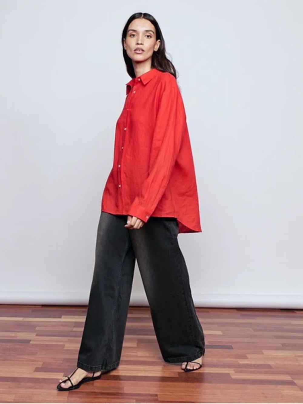 SUSAN ARONSON 100% Linen Oversized Women’s Shirt Blouse in Red, Size Large
